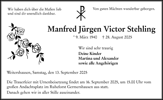 Traueranzeige von Manfred Jürgen Victor Stehling von Hinterländer Anzeiger