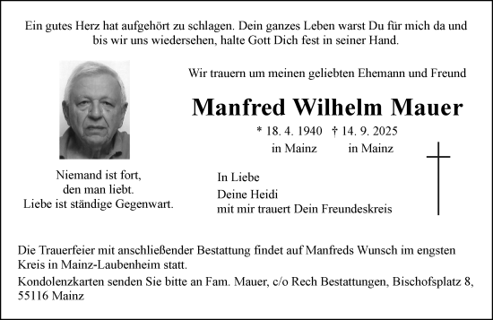 Traueranzeige von Manfred Wilhelm Mauer von Allgemeine Zeitung Mainz