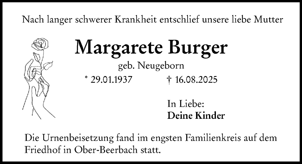  Traueranzeige für Margarete Burger vom 30.08.2025 aus Darmstädter Echo
