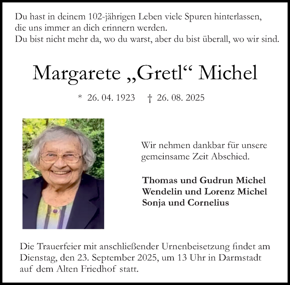  Traueranzeige für Margarete Michel vom 13.09.2025 aus Darmstädter Echo