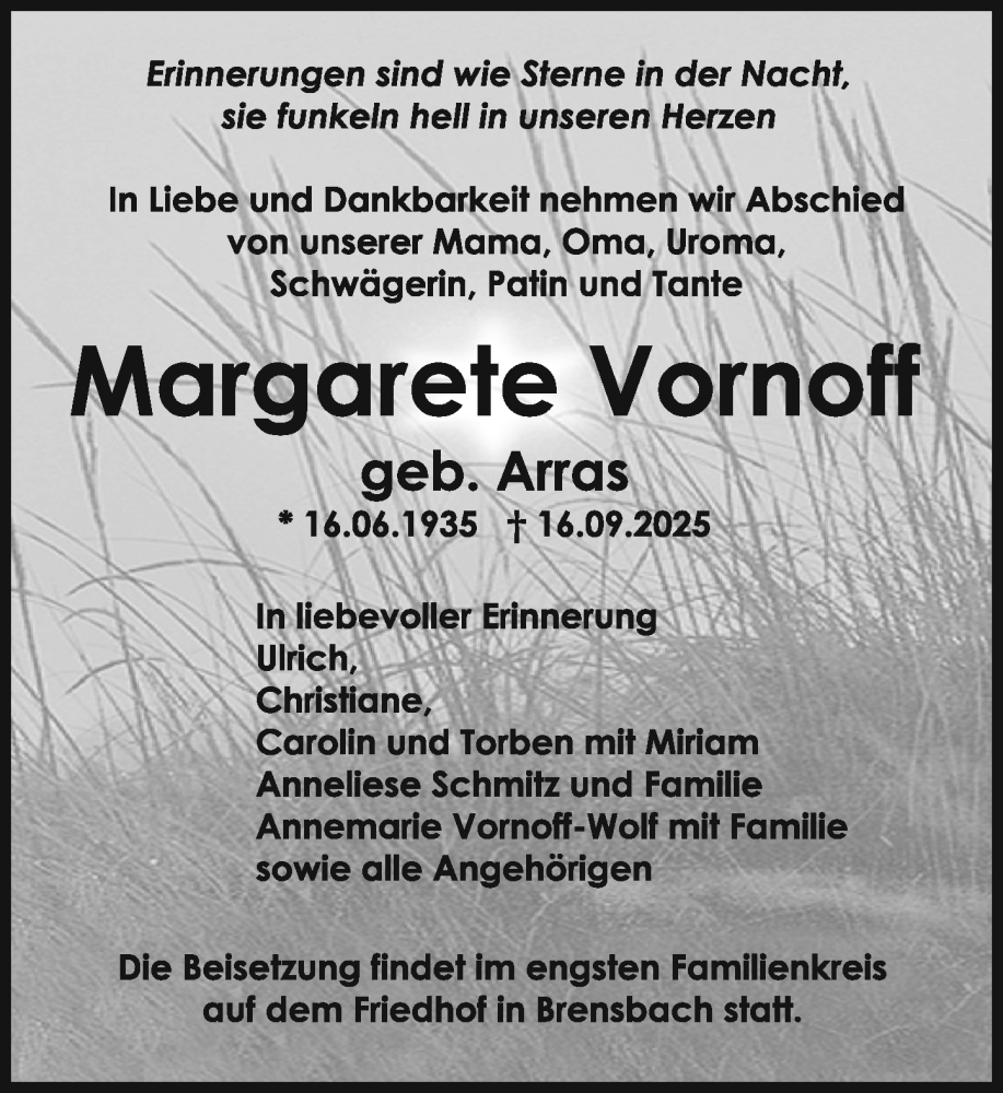  Traueranzeige für Margarete Vornoff vom 27.09.2025 aus Odenwälder Echo
