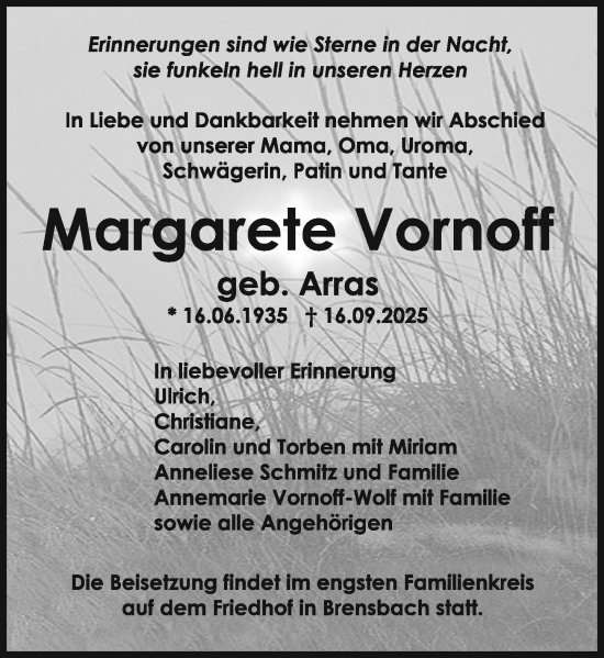 Traueranzeige von Margarete Vornoff von Odenwälder Echo