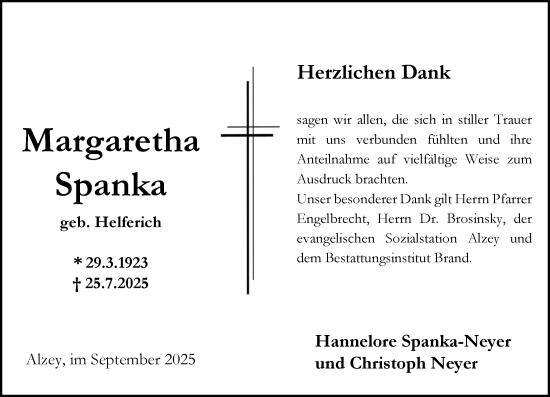 Traueranzeige von Margaretha Spanka von Allgemeine Zeitung Alzey