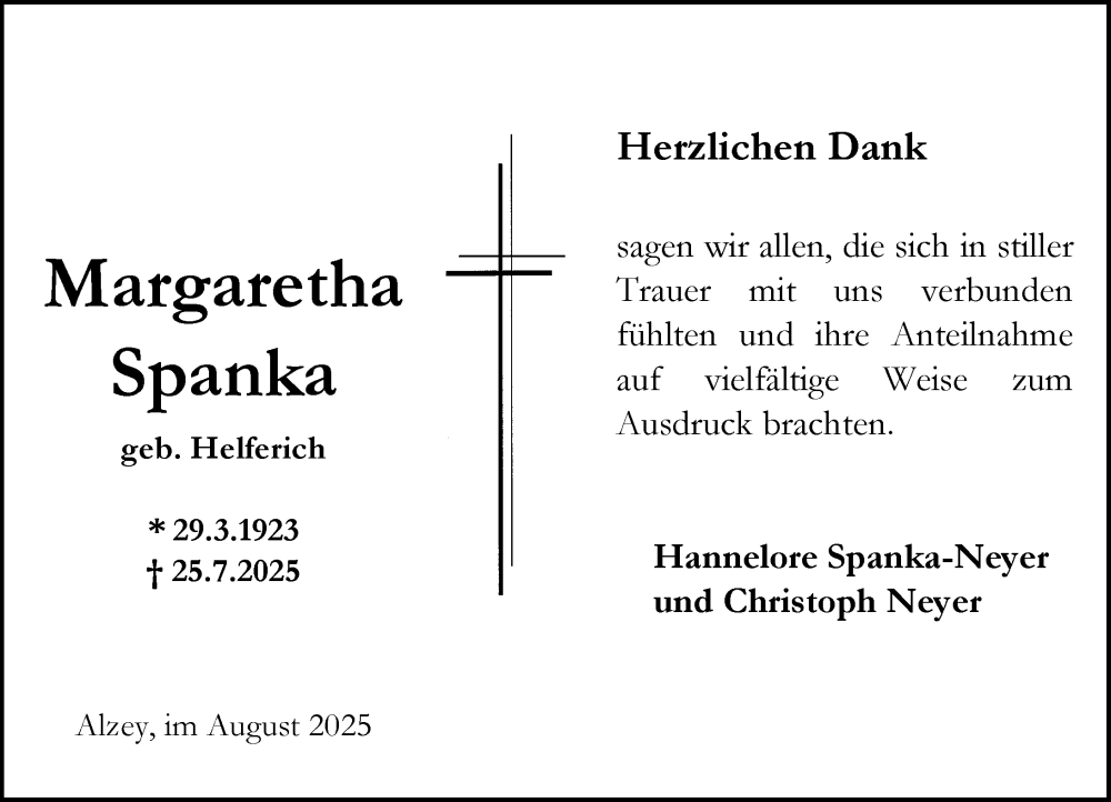  Traueranzeige für Margaretha Spanka vom 30.08.2025 aus Allgemeine Zeitung Alzey