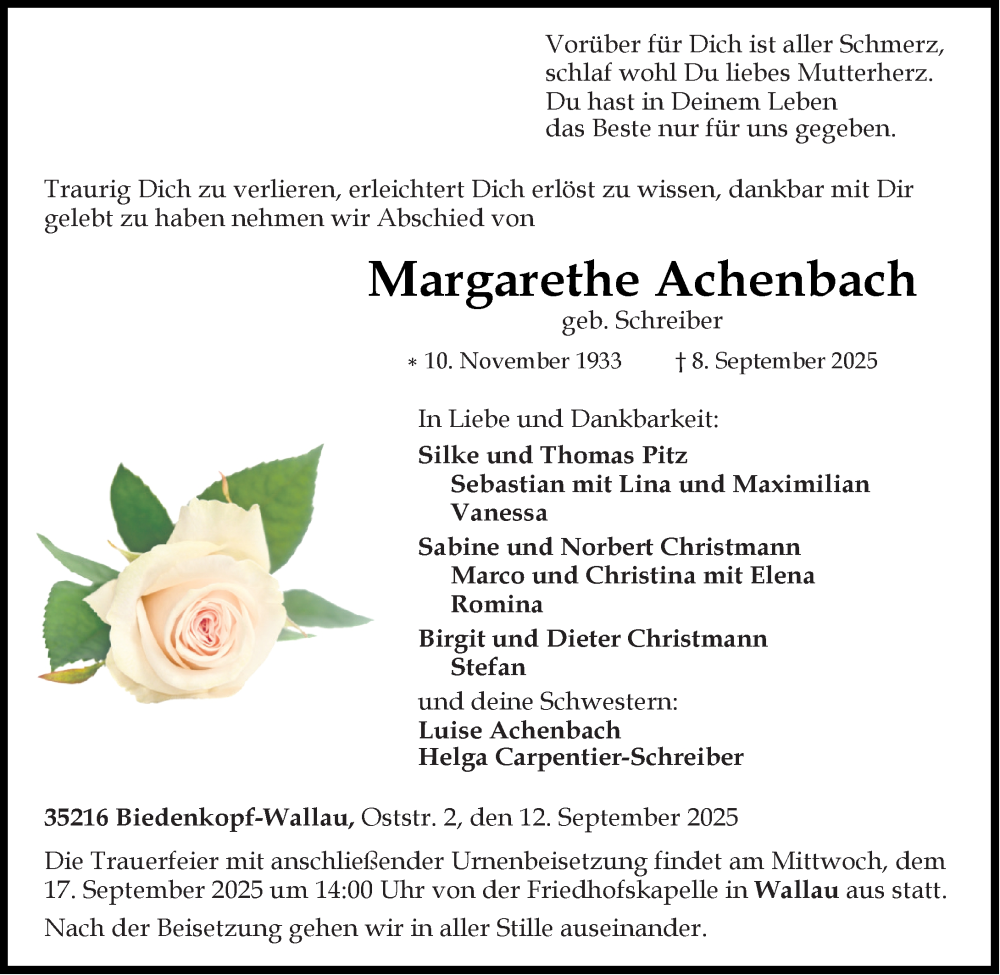  Traueranzeige für Margarethe Achenbach vom 12.09.2025 aus Hinterländer Anzeiger