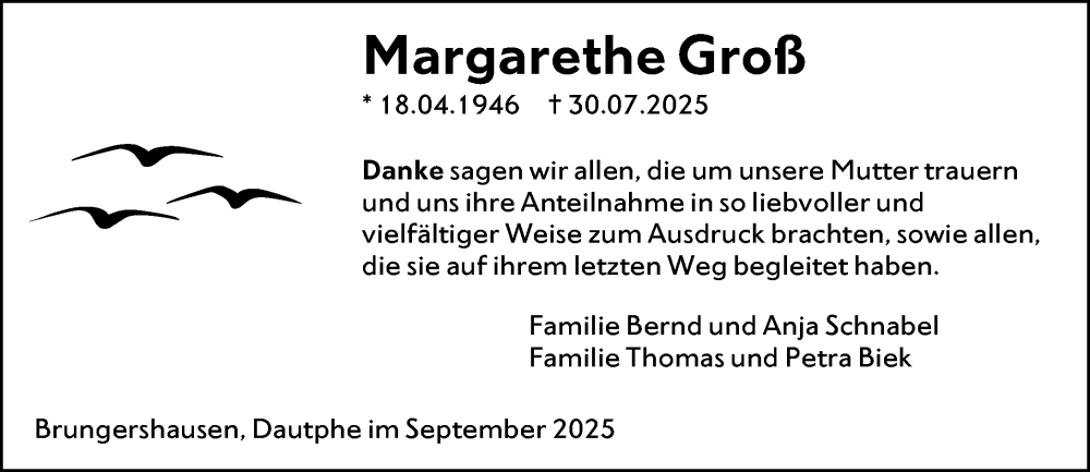  Traueranzeige für Margarethe Groß vom 13.09.2025 aus Hinterländer Anzeiger