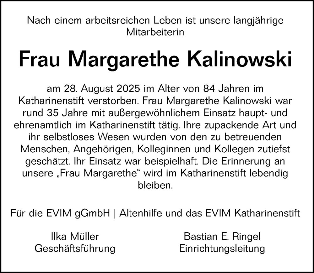  Traueranzeige für Margarethe Kalinowski vom 13.09.2025 aus Wiesbadener Kurier