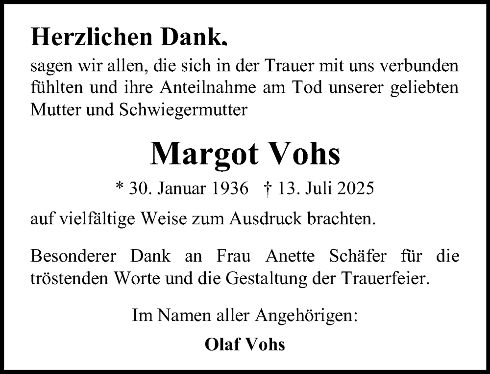  Traueranzeige für Margot Vohs vom 30.08.2025 aus Allgemeine Zeitung Mainz