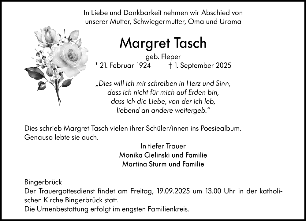  Traueranzeige für Margret Tasch vom 13.09.2025 aus Allgemeine Zeitung Rheinhessen-Nahe