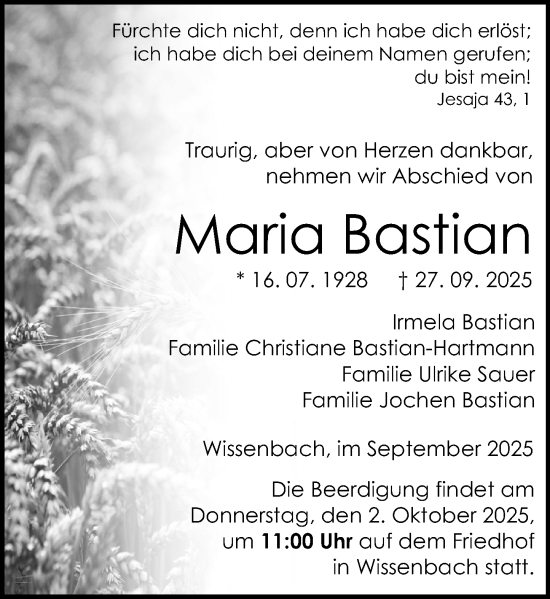Traueranzeige von Maria Bastian von Dill Block
