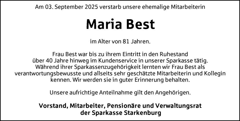  Traueranzeige für Maria Best vom 06.09.2025 aus Starkenburger Echo