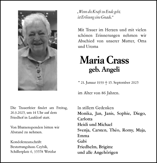 Traueranzeige von Maria Crass von Wetzlarer Neue Zeitung