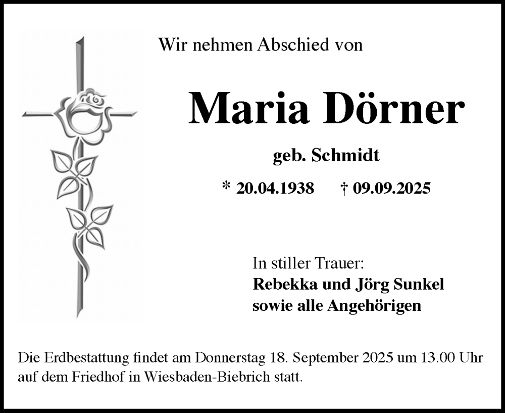  Traueranzeige für Maria Dörner vom 13.09.2025 aus Wiesbadener Kurier