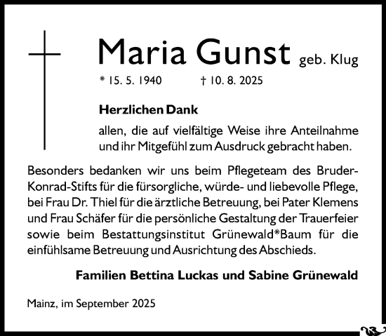Traueranzeige von Maria Gunst von Allgemeine Zeitung Mainz