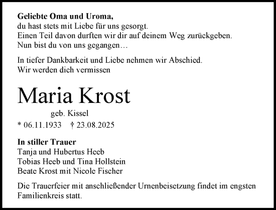 Traueranzeige von Maria Krost von Allgemeine Zeitung Mainz