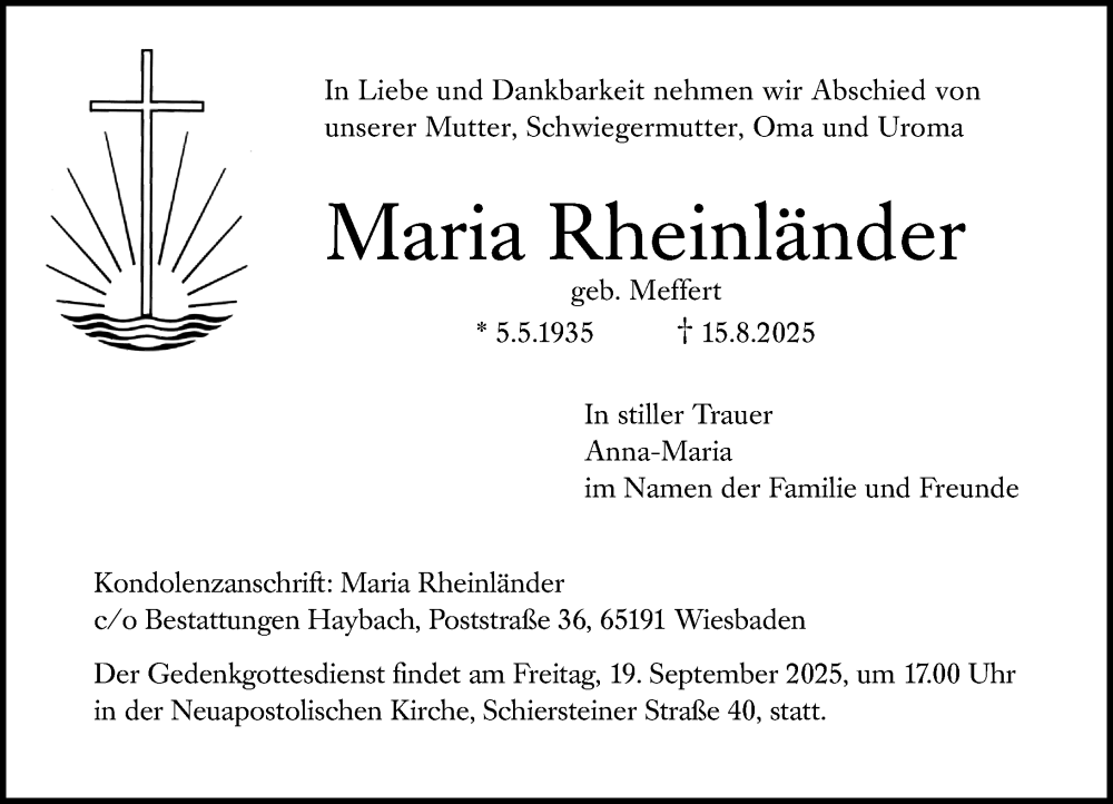  Traueranzeige für Maria Rheinländer vom 30.08.2025 aus Wiesbadener Kurier