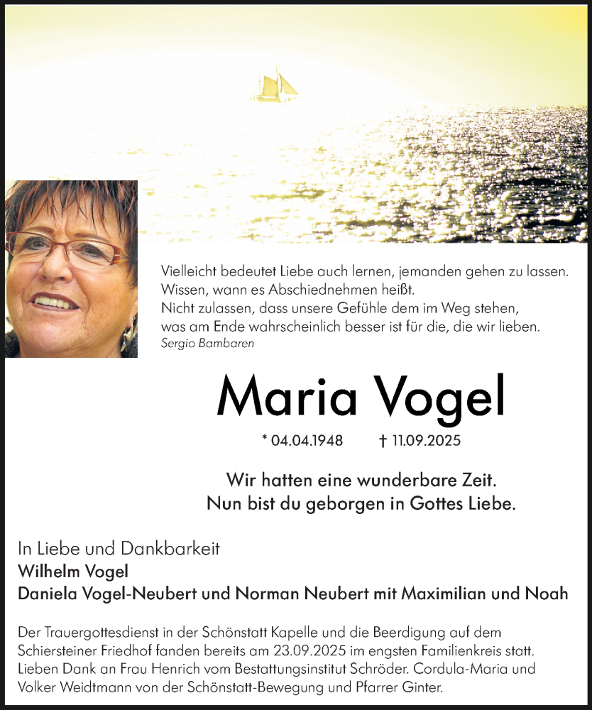  Traueranzeige für Maria Vogel vom 27.09.2025 aus Wiesbadener Kurier