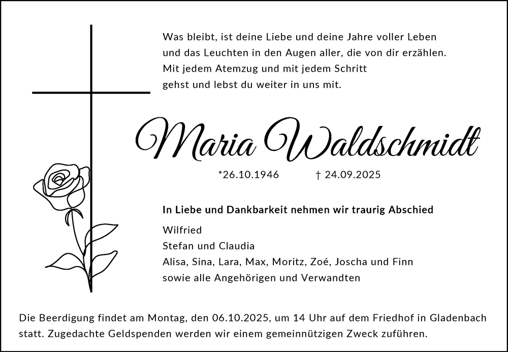  Traueranzeige für Maria Waldschmidt vom 30.09.2025 aus Hinterländer Anzeiger