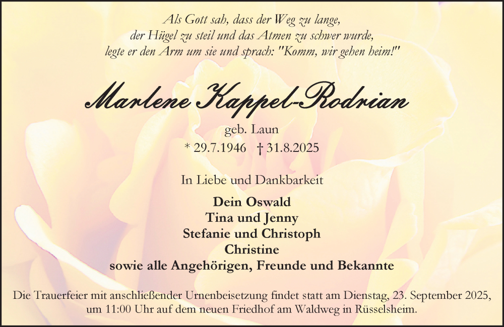  Traueranzeige für Maria Helene Kappel-Rodrian vom 06.09.2025 aus Rüsselsheimer Echo