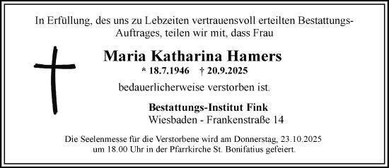 Traueranzeige von Maria Katharina Hamers von Wiesbadener Kurier