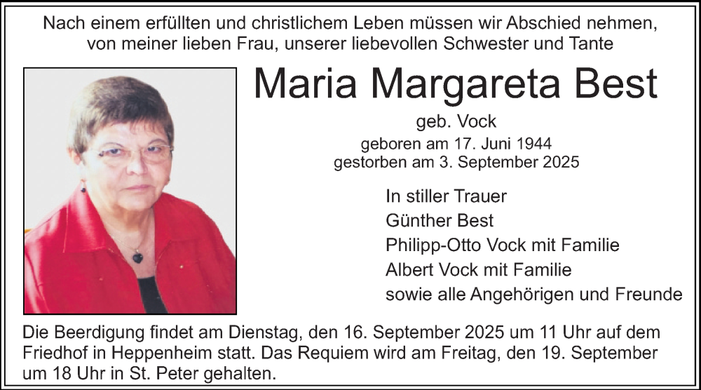  Traueranzeige für Maria Margareta Best vom 06.09.2025 aus Starkenburger Echo