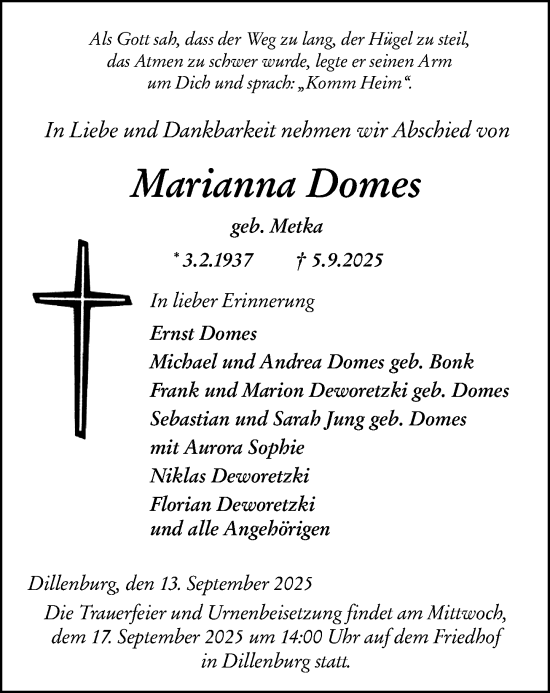 Traueranzeige von Marianna Domes von Dill Block