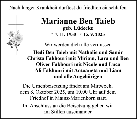 Traueranzeige von Marianne Ben Taieb von Allgemeine Zeitung Mainz
