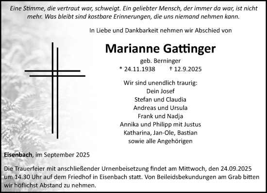 Traueranzeige von Marianne Gattinger von Camberger Anzeiger