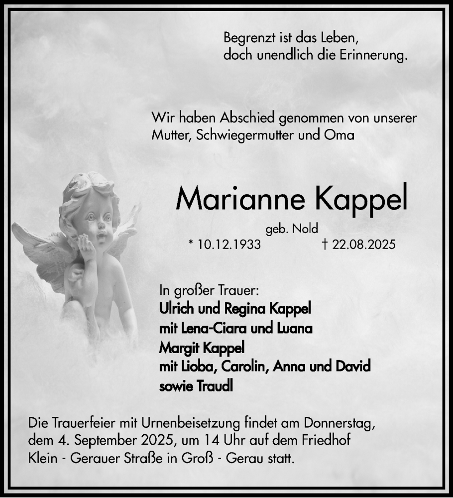  Traueranzeige für Marianne Kappel vom 30.08.2025 aus Groß-Gerauer Echo