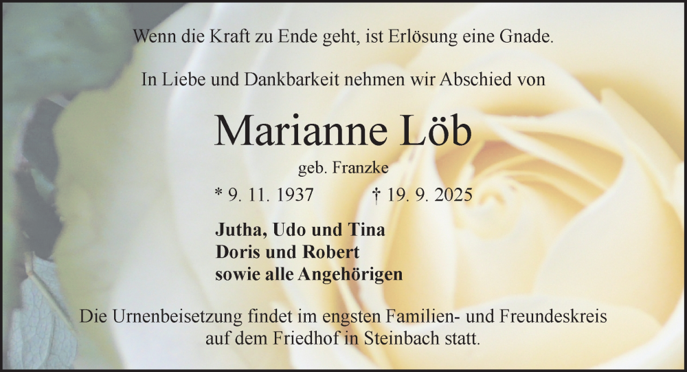  Traueranzeige für Marianne Löb vom 27.09.2025 aus Odenwälder Echo