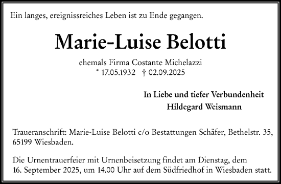 Traueranzeige von Marie-Luise Belotti von Wiesbadener Kurier