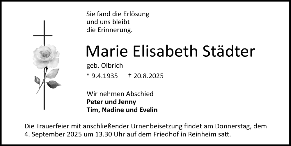  Traueranzeige für Marie Elisabeth Städter vom 30.08.2025 aus Darmstädter Echo