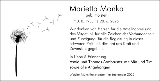 Traueranzeige von Marietta Monka von Wetzlarer Neue Zeitung