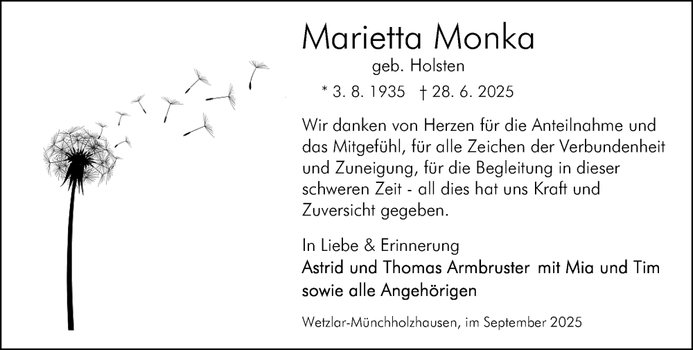  Traueranzeige für Marietta Monka vom 06.09.2025 aus Wetzlarer Neue Zeitung