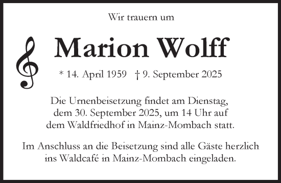 Traueranzeige von Marion Wolff von Allgemeine Zeitung Mainz