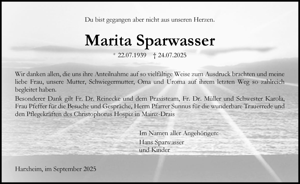  Traueranzeige für Marita Sparwasser vom 06.09.2025 aus Allgemeine Zeitung Mainz