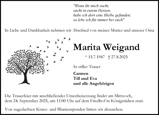 Traueranzeige von Marita Weigand von Rüsselsheimer Echo