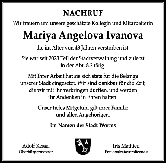 Traueranzeige von Mariya Angelova Ivanova von Wormser Zeitung