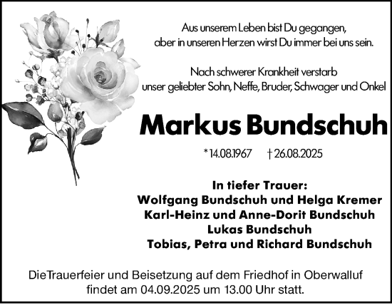 Traueranzeige von Markus Bundschuh von Wiesbadener Kurier