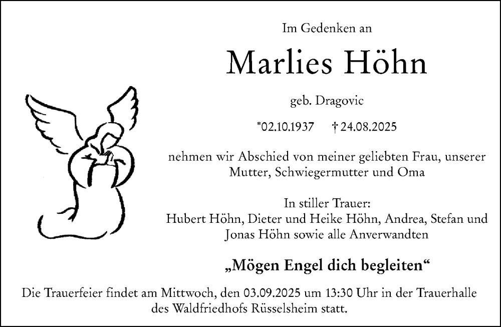  Traueranzeige für Marlies Höhn vom 30.08.2025 aus Rüsselsheimer Echo