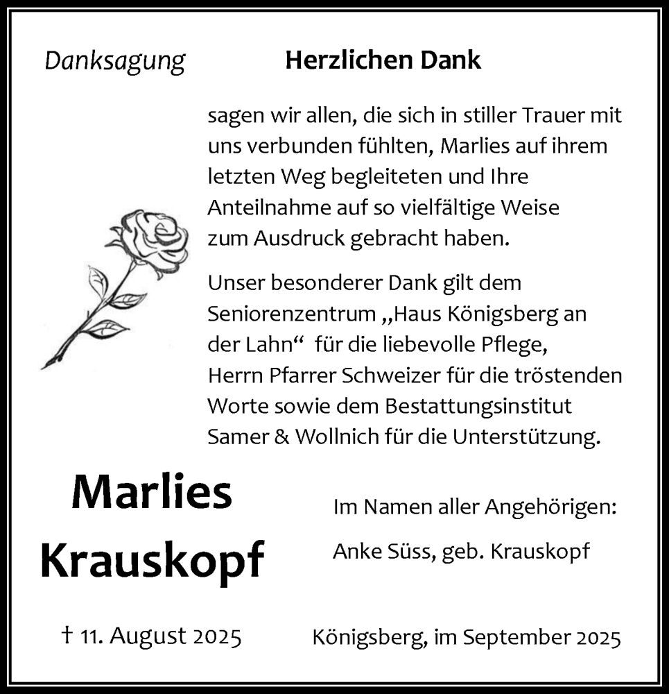  Traueranzeige für Marlies Krauskopf vom 13.09.2025 aus Wetzlarer Neue Zeitung