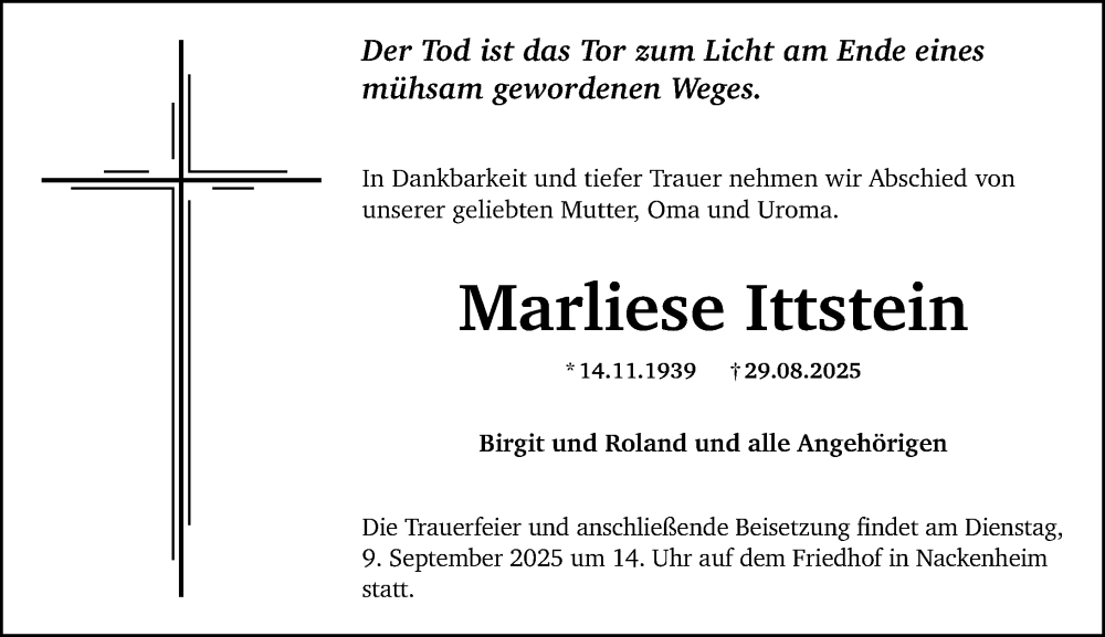  Traueranzeige für Marliese Ittstein vom 05.09.2025 aus Allgemeine Zeitung Mainz