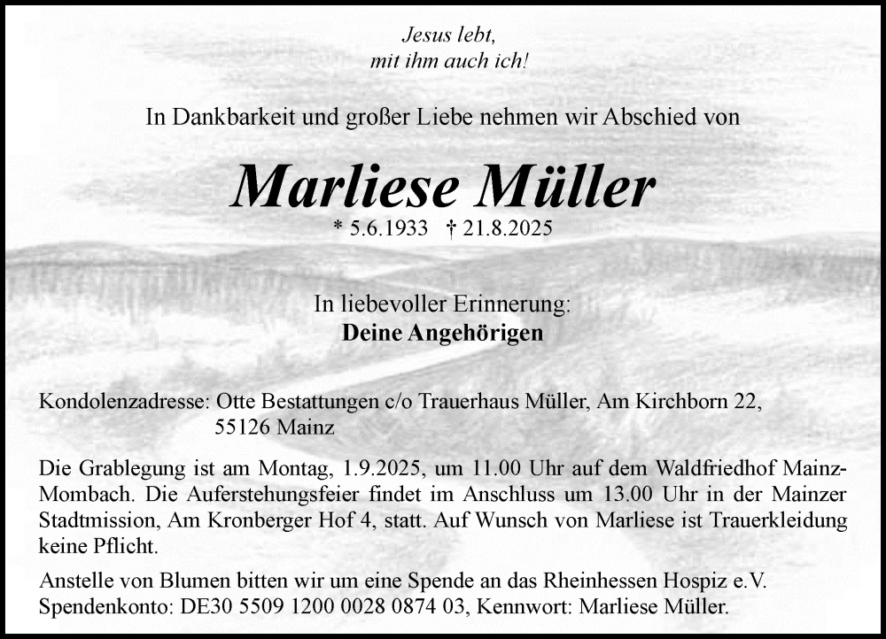  Traueranzeige für Marliese Müller vom 30.08.2025 aus Allgemeine Zeitung Mainz