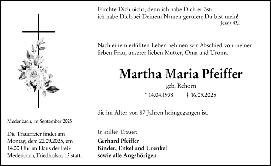 Traueranzeige von Martha Maria Pfeiffer von Dill Block