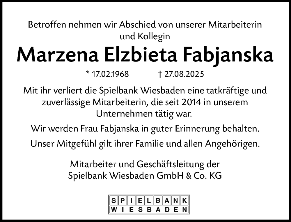  Traueranzeige für Marzena Elzbieta Fabjanska vom 06.09.2025 aus Wiesbadener Kurier