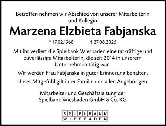 Traueranzeige von Marzena Elzbieta Fabjanska von Wiesbadener Kurier