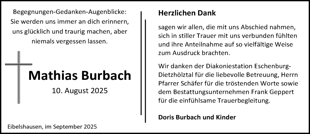  Traueranzeige für Mathias Burbach vom 27.09.2025 aus Dill Block