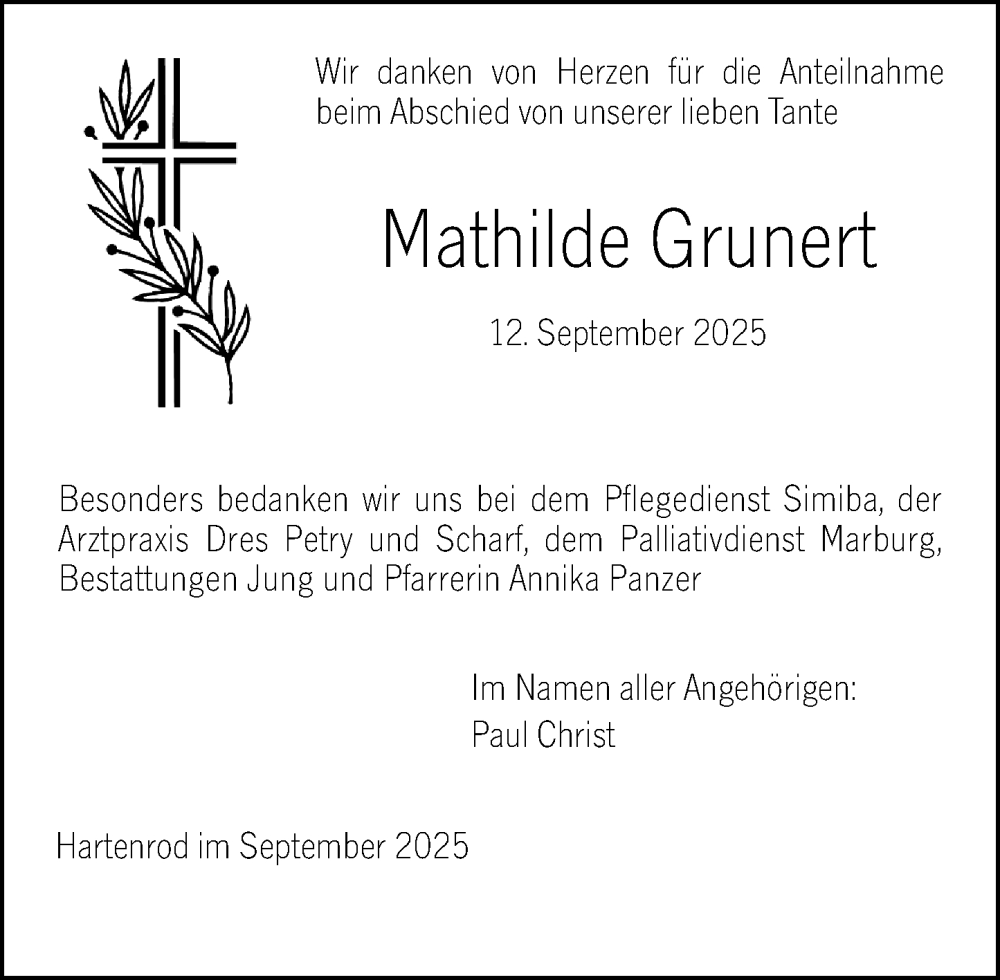  Traueranzeige für Mathilde Grunert vom 27.09.2025 aus Hinterländer Anzeiger