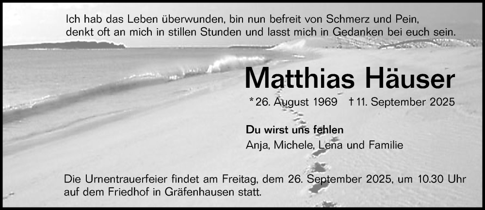 Traueranzeige für Matthias Häuser vom 20.09.2025 aus Darmstädter Echo