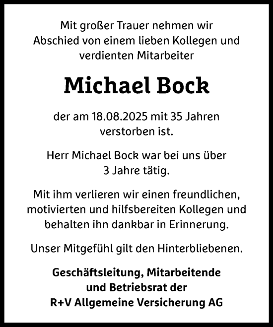 Traueranzeige von Michael Bock von Wiesbadener Kurier